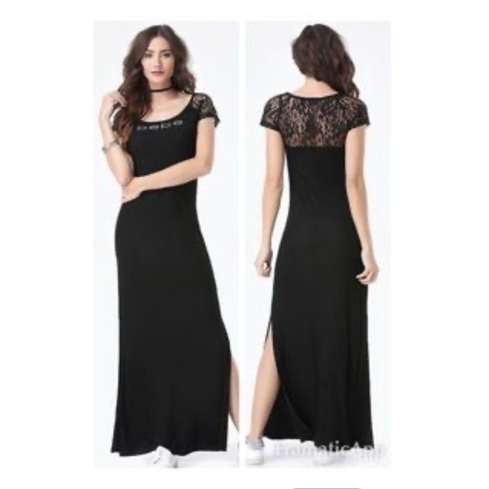 Bebe Y2K Maxi Dress Womens M Black Whimsigoth Ribbed Short Sleeve Crystal Logo